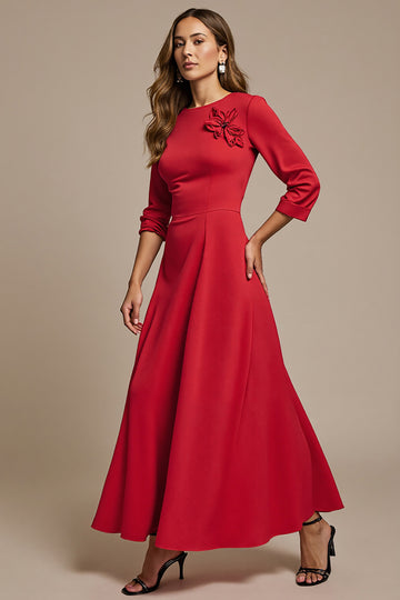 Red Long A Line Wedding Guest Dress with 3/4 Sleeves